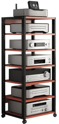 Mobile Stereo Hi fi Rack Carrello Multimediale AV Scaffale Mobile Per Supporti Con Ripiano In Legno A 7 Livelli, Moderno Supporto Multimediale AV Armadio AV Con Ruote(Red)