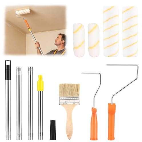 9 Inch + 4 inch Paint Roller Set with 1.2m Extension Pole for Painting Wall | Extendable Paint Brush and Roller Set with Paint Brush Tapered Adapter Paint Roller Holder for Painting Wall Ceiling