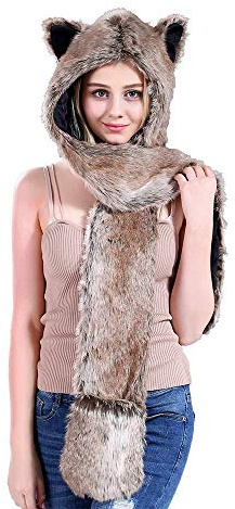 Kunstfell Tiermütze 3-in-1 Funktion Kapuzen mit Schals Fäustlinge Pfoten Ohren Warme Wintermütze für Frauen Mädchen