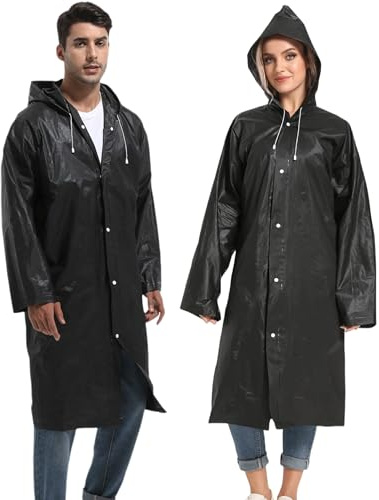 Borogo Rain Ponchos for Adults Reusable 2Pcs Raincoats Emergency Survival With Hoods And Sleeves for Women Men Black