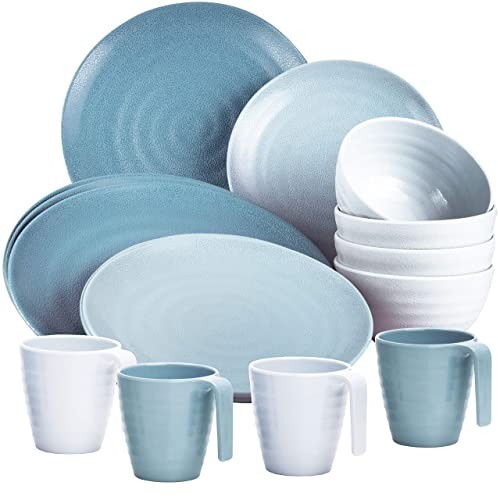 Camping Geschirr Set aus Melamin Geschirrset für 4 Personen Campinggeschirr Tafelservice 16 teilig blau Tafelgeschirr Outdoor Essgeschirr Kombiservice 16 tlg modern Picknickgeschirr