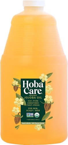 HobaCare Bulk Cold Pressed Organic Jojoba Oil - Natural 100% Pure Hexane Free Unrefined Carrier Oil for Skincare, Beard, Hair, Face, Scalp Massage, Bath, Facial (64 oz Half Gallon)