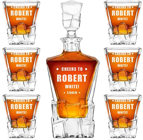 Maverton Personalised Whiskey Decanter and 6 Glasses for Man - Elegant Whisky Set for him - Ice Cubes Model - Stylish barware for Birthday - for Whisky connoisseurs - Cheers