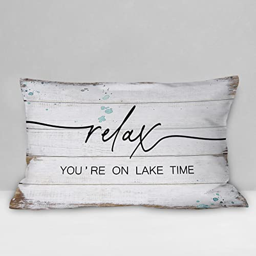 Burosev Rustic Relax You're On Lake Time Soft Throw Pillow Cover, Funny Lake Quotes Decorative Pillowcase, Lake House Farmhouse Decor Decorations for Home Porch Bench Sofa Room(12 x 20 Inch)