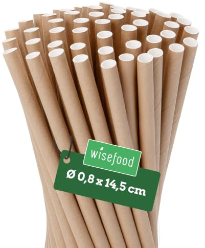 wisefood Papperssugrör, 500 st. (5 x 100 st.) bruna sugrör, Ø 8 mm x 14,5 cm, fri från PLA/PE, biologiskt nedbrytbara engångssugrör av robust kraftpapper