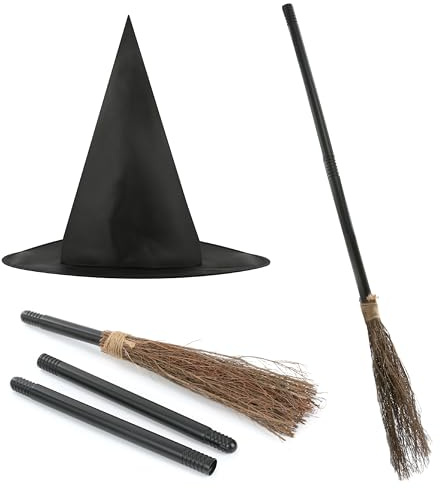 I LOVE FANCY DRESS Girls Witch Accessory Set - Black Pointed Witch's Hat and 3-Piece Witch Broom - Kids Halloween Trick or Treat Costume Accessory Set