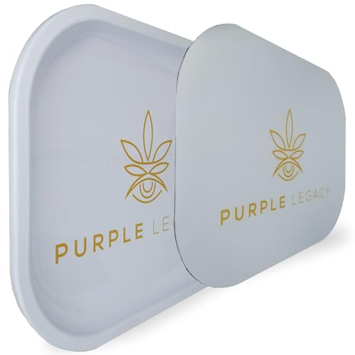 PURPLE LEGACY Premium Metall Rolltablett großes 18cm x 14cm mit abgerundeten Kanten und Magnetischen Deckel für die Aufbewahrung von Zubehör (Purple White)