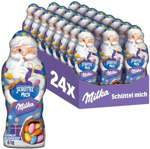 Milka Schüttel Mich Weihnachtsmann – 24 x 61 g – Zarte Alpenmilch-Schokolade gefüllt mit bunten Kakaolinsen