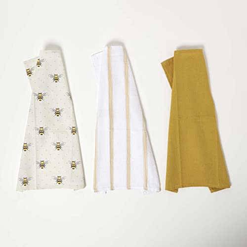 HOMESCAPES Yellow Tea Towels with Bee Design 100% Cotton Set of 3 Super Absorbent Lint Free Kitchen Towels 40 x 65 cm