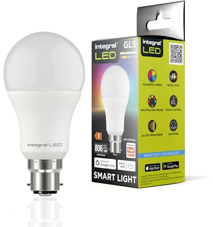 Integral LED 2 Pack Smart GLS B22 Dimmable Colour Changing 2.4GHz WiFi Bulb – Warm, Cool & Daylight White 2700K-6500K, 806lm, 8.5W (60W Equivalent) – App Controlled and Alexa & Google Home Compatible