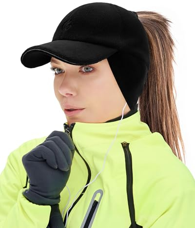 Gisdanchz Winter Basecap Damen, WintermüTZE Damen Pferdeschwanz Mütze mit Ohrenklappen, Laufen Cappy Frauen Kappe Schirmmütze Schildkappe Warm Women Baseball Cap Ponytail Hat, Schwarz S/M