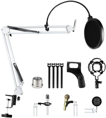 Relota Mikrofon Arm, Mikrofonarm Einstellbare Mikrofonständer Weiß mit Shock Mount, Pop-Filter, 5 Kabelbinder, Mikrofonhalter Schreibtisch Boom Arm für Aufnahme, Podcasting, Fernsehsender