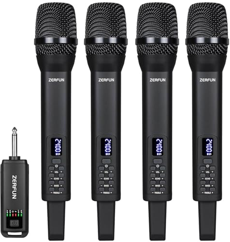 ZERFUN 4 microfoni wireless ricaricabili, sistema di microfoni senza fili portatili con controllo VOL Echo Treble Bass per karaoke, canto, feste in chiesa, uscita 1/4, nero