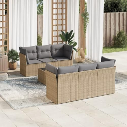 ULUYYUC 7-TLG. Garten-Sofagarnitur, Hocker Bodensofa Polsterbank Küchensofa Geeignet für Garten Balkon Außenbereich Hinterhof mit Kissen Beige Poly Rattan
