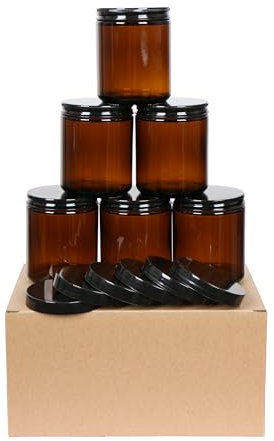 6 pack 8oz Amber rotundity Glass Jars and Plastic & Black Metal Lids, Refillable thick Glass Jars For Candle, Spice, Powder, Liquid, Sample Makeup. (8oz Amber)