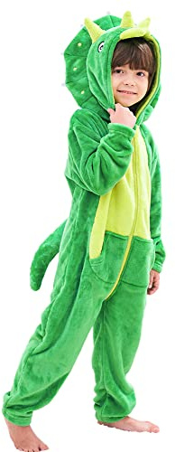 LOLANTA Dinosauriedräkt för barn, flanelloverall med huva (1–2 år, grön, etikett XS)