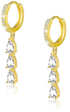 ALEXCRAFT Lange Gold Silber 925 Ohrringe Hängend Zirkonia Tropfenohrringe | Silber 925 Ohrringe Hängend Lange Wassertropfen Kette Ohrhänger Blitz Creolen mit Anhänger Zirkon Strass Stein Damen Frauen