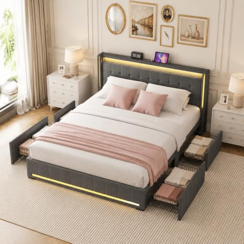 PerGar Doppelbett, 140 x 200 cm, Polsterbett mit 4 Schubladen, Bett mit LED-Bleuchtung und Ladestation, Jugendbett Funktionsbett, Gepolstertes Kopfteil, Leinen, Dunkelgrau, Ohne Matratze