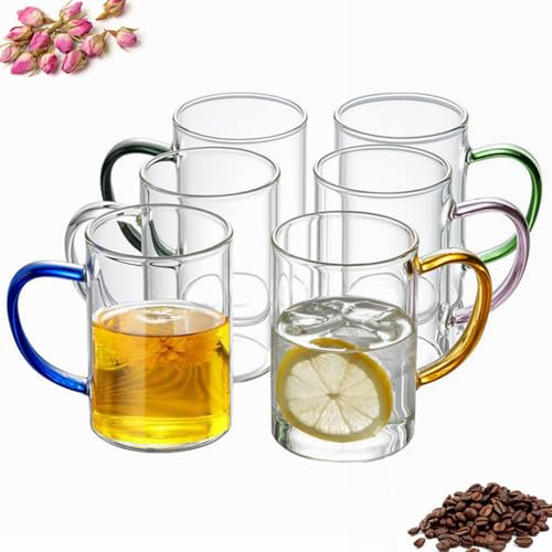 ANWONE Bicchieri da caffè trasparenti, 6 x 315 ml, con manico colorato, resistenti al calore, per latte macchiato, per feste e ristoranti, set da 6 pezzi