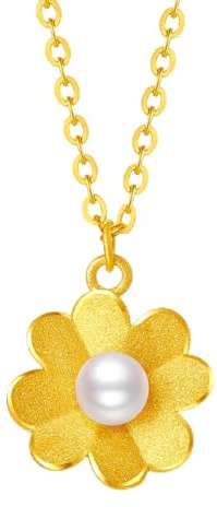 ZHOU LIU FU 24K Goldkette mit Kleeblatt Perle 999 Feingold Damenschmuck Geschenk für Mama Geburtstag 40+5cm X0613050
