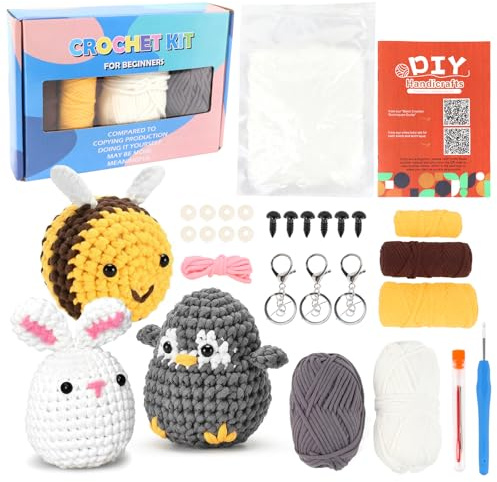 Rosedreamer Häkelset für Anfänger,3 Häkelnadel Set,Tiere Häckeln,Stricken für Anfänger mit Videokurs,Crochet Set für Erwachsene Kinder Geschenk (Biene-Kaninchen-Pinguin)