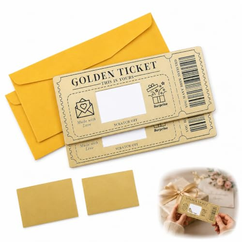 2PCS Golden Ticket Scratch Off Cards - Scratch Card Reveal with Envelopes - DIY Surprise Message Cards for Birthdays Holidays