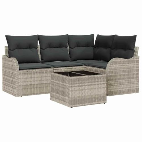 vidaXL Garten-Sofa-Set mit Kissen mit Speicher 5 pcs Grau Poly Rattan, Garten und Terrasse, modulares Outdoor-Sofa-Set, robuster Rattansessel, verstellbare Füße, modernes wetterfestes Mobiliar