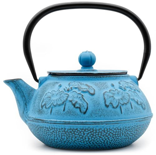 Zen Minded Tetera Tradicional Japonesa De Hierro Fundido Tetsubin Para Estufa Con Filtro De Hojas Sueltas De Malla De Acero Inoxidable Para Té Verde E Infusiones, 900 Ml, Diseño De Loto - Azul