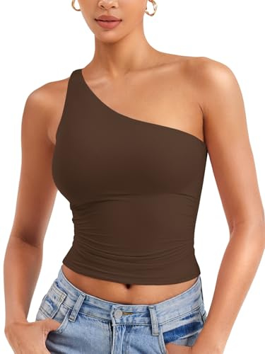 ZAAYO, canottiera da donna a spalla singola, spalle scoperte, slim fit, crop top sexy, estivo, con doppia fodera, senza maniche, t-shirt corta, marrone, M