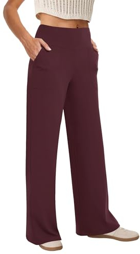 COPYLEAF Wide Leg Pants Woman High Waist Yoga Pants with Pockets Loose Stretch Dress Work Sweatpants Casual Lounge(Wine XL)