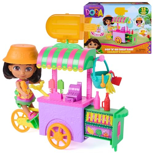Dora, Pop 'N' Go Treat Cart with 15 Pieces, Transforming Cart & Toy Storage with 6-inch Dora Figure, Kids Toys for Girls & Boys Ages 3 and Up