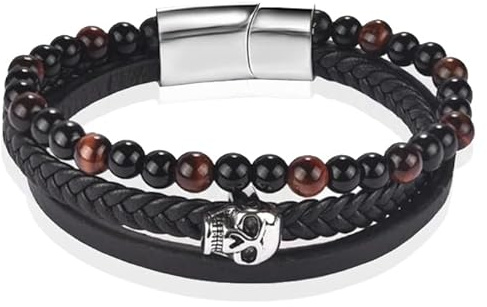Herrarmband Memphis Tigeröga Skalle Flätad Läder Svart Brun - 22 cm