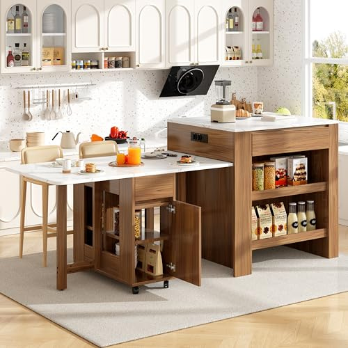 Tavolo da bar allungabile con contenitore (110-124 × 78 × 97,5 cm), posti 2-6, isola cucina con 2 cassetti, 2 ripiani laterali aperti, presa di corrente integrata, colore bianco