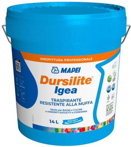 MAPEI Dursilite Igea, Idropittura Traspirante Antimuffa per Interni, Bianco, Resistente all'Umidità, Opaca, Lavabile, per Bagni e Cucine (14 Litri)