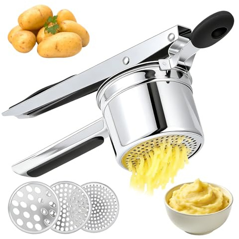 Exprimidor de Patatas Acero Inoxidable + 3 Discos y Mangos de Antideslizantes para Puré de Verduras Zumos de Frutas