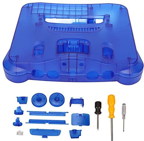 BDUZXMPUW Remplacement de console de jeu vidéo rétro, coque N64 bleue translucide, boîtier en plastique ABS avec accessoires, compatible avec toutes les régions pour console de jeu 64,