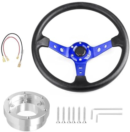 VAHAKKRMVM Pour Logitech G29 G920 G923 350 Mm 14 Pouces Auto Sport Drifting Volants Avec Plaque D'adaptation 70 Mm PCD(Bleu avec argent)