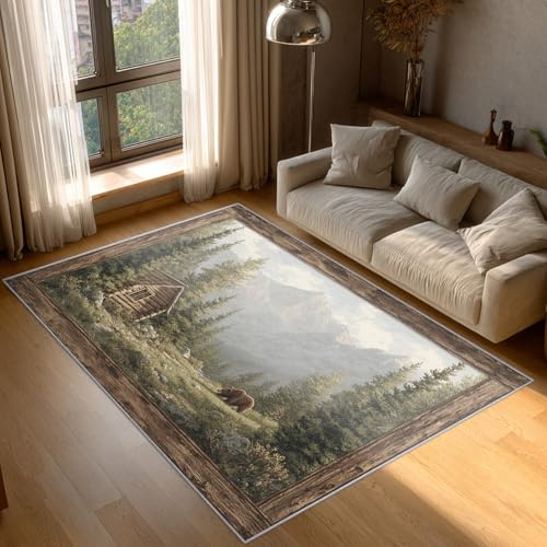 Log Cabin Rugs Living Room, Rustic Forest Mountain Area Rugs for Bedroom Home Decor, Washable Non Slip Short Pile Carpet 200x300 with Gripper P-&43