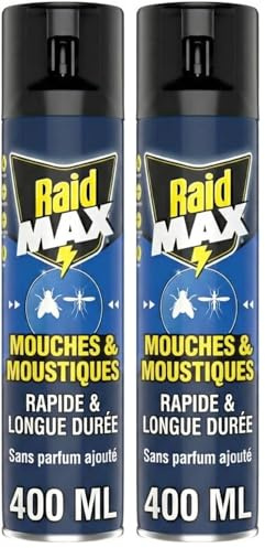 Raid Max Aérosol Mouches et Moustiques - 2 en 1 Action Rapide et Longue Durée - Sans Parfum Ajouté - 1 Aérosol (Lot de 2)