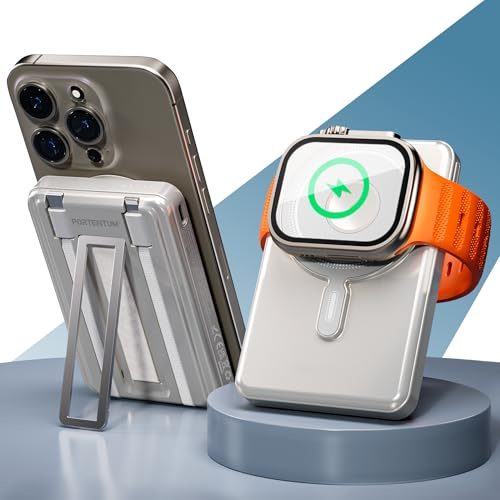 PORTENTUM Batterie Externe MagSafe Powerbank 5 en 1 avec Support Pliable – 10000 mAh câbles intégrés Lightning + USB-C – Charge Rapide 20 W PD/QC et sans Fil Qi 15 W – Compatible Chargeur Apple Watch