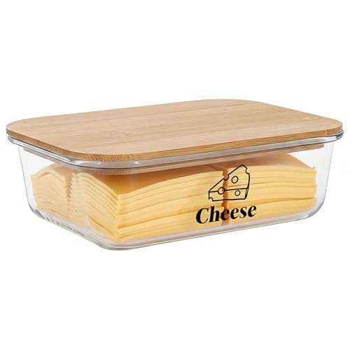 Punorric Cheese Storage for Fridge - Airtight Storage Box, 1.52L Glass Cheese Container with Bamboo Lid, Stackable Fridge Containers, Transparent Glass Jar for Butter/Meats/Fruit/Nut -Big