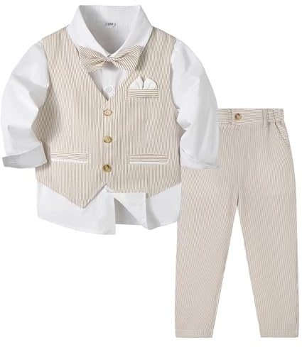 Volunboy Completo Elegante per Bambino, Ragazzi Cerimonia Nozze Vestito 5 Pezzi Gilet + Camicia + Pantaloni + Papillon + Boutonnière(Taglia 100,2-3 Anni,Kaki Chiaro)