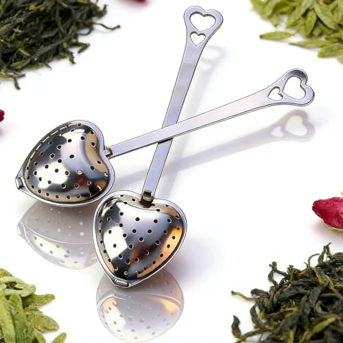 Heart Shaped Stainless Steel Tea Strainer 2PCS Reusable Tea Strainers for Loose Tea Multifunctional Herb Infuser Filter Cute Tea Accessories Funny Kitchen Gadgets for Daily Tea Brewing Home & Office U