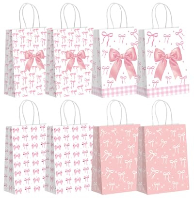 GONZTEL 8 Pezzi Sacchetti Regalo e Buste di Carta con Fiocco e Manici, Piccoli Sacchettini per Compleanno Bambini, Feste, Bomboniere e Pensierini Speciali