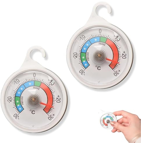 LinCoo 2 Pcs Fridge Thermometer UK, 50mm Dial Fridge Freezer Temperature Thermometer for Home Kitchen, Pantry, Food Safety Monitoring with Colour Coded Zones
