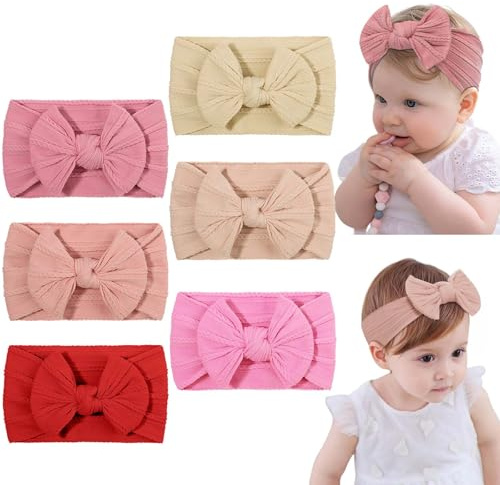 DiULi Baby flicka pannband, 6 st babyrosetter pannband stretchiga mjuka bebisrosetter söta huvudbonader nylon småbarn spädbarn hårband baby turban pannband elastiska hårband för barn spädbarn småbarn