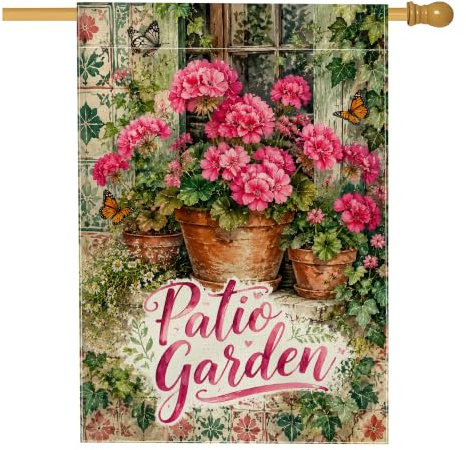 Drapeau de maison en géranium, jardin rustique papillon, pot de fleurs, pêche, double face, en toile de jute décorative pour extérieur, terrasse, pelouse, entrée, camping 71 x 101,6 cm