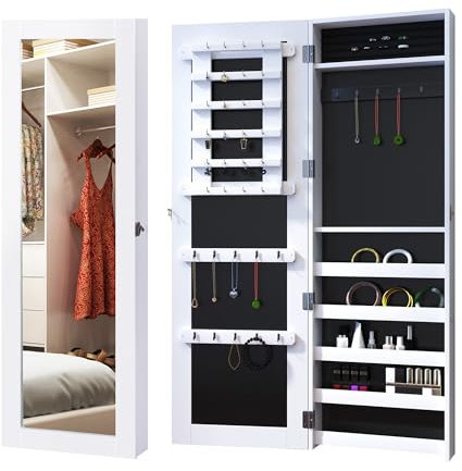 HOMCOM Specchio Portagioie da Parete con Ganci e Scompartimenti in Legno, Armadietto Portagioie con Specchio per Orecchini, Collane e Anelli, 37x9.5x112 cm, Bianco