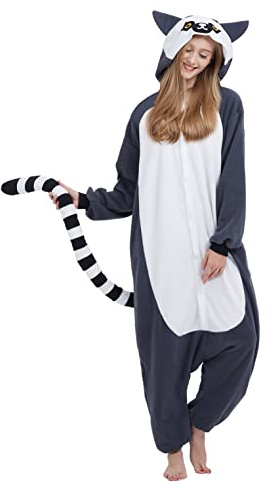 Magicmode Unisex Pyjamas Jumpsuit Tierkostüm Onesie Damen Herren Karneval Nachtwäsche Lemur