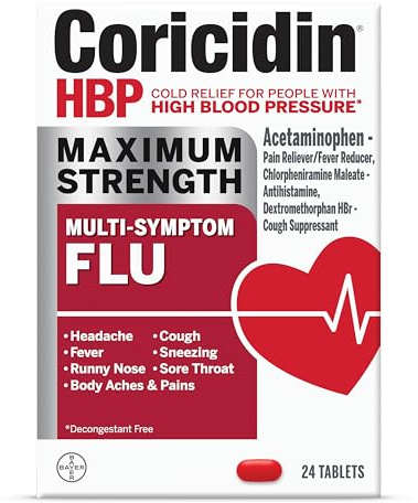 Coricidin HBP Maximum Strength Multi-Symptom Flu Tablets For Body Aches, Body Pains Cold and Cough Relief: Flu Medicine for Adults with High Blood Pressure - 24 Count